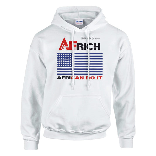 AFRICH® Adult Classic, Comfort Unisex Pullover Hoodie with flag, logo and slogan. White hoodie with text and graphics on a white background