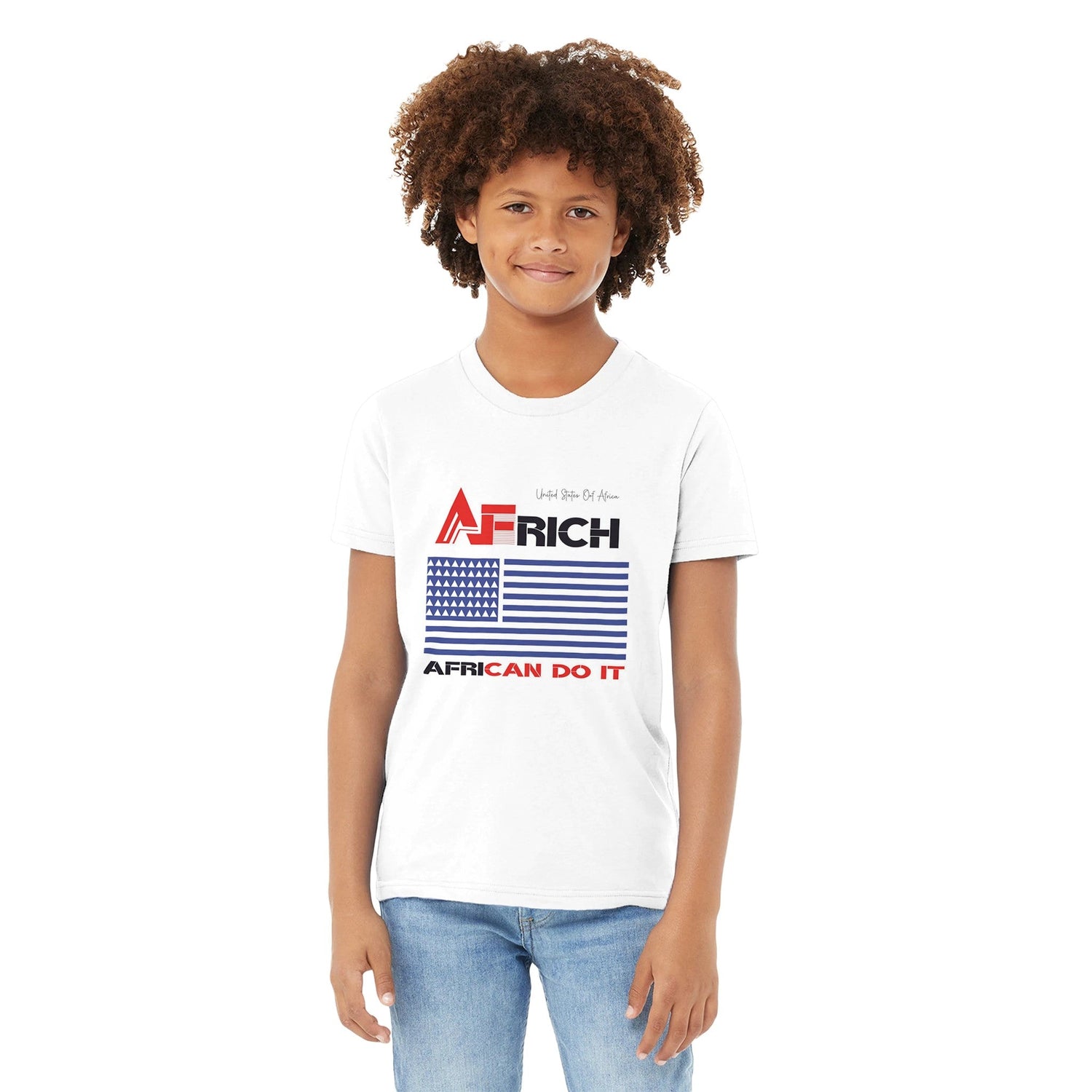 A clear skin Black kid, between 10 and 12 years old, with a gentle smile on his face, wearing a white AFRICH® T-shirt with banner on chest with the inscription: UNITED STATES OF AFRICA.