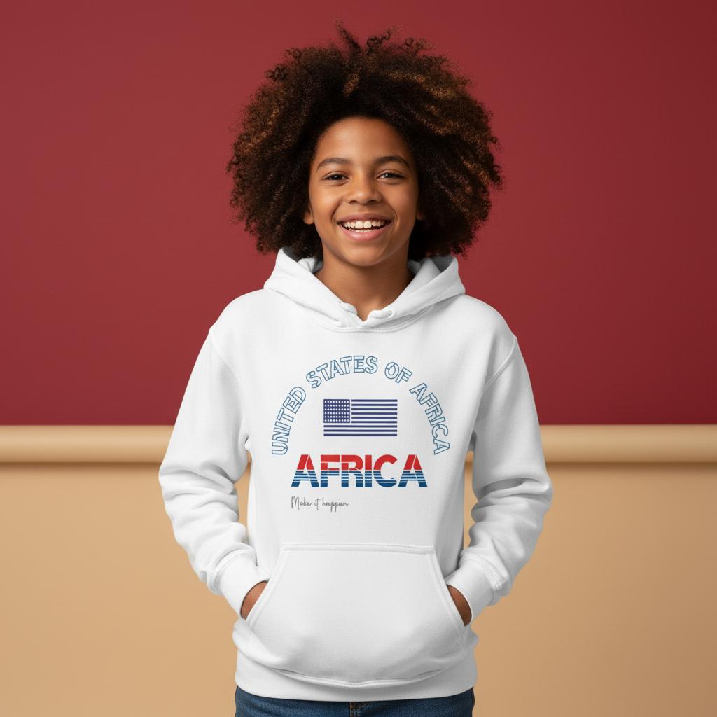 Black young girl and a white young girl are smiling and working behind a young Black boys along a high street on a sunny day, with the boy in the foreground wearing a white AFRICH® hoodie and holding an American soccer ball in his right hand.